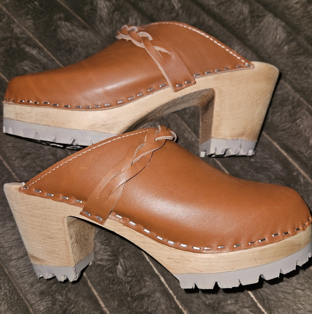 MIA Tan Leather Wooden Clog Mules